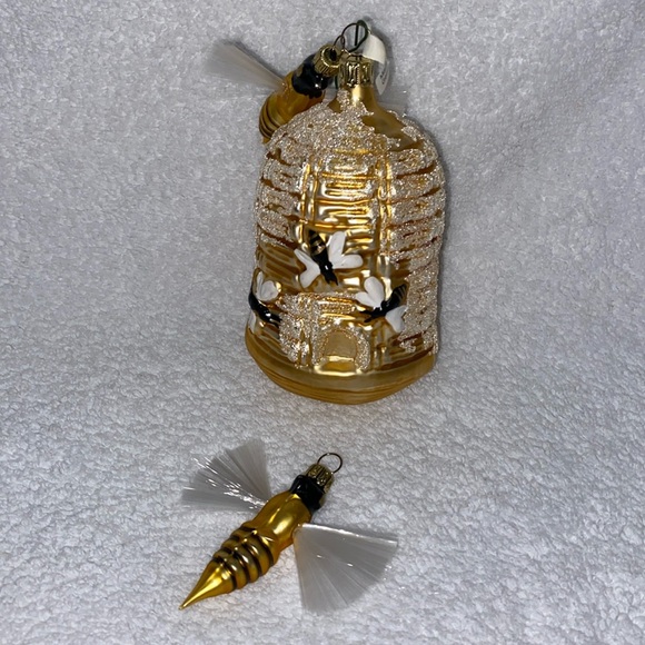 HONEY BEE & BEEHIVE HAND BLOWN GLASS SPUN 2 PC CHRISTMAS TREE ORNAMENT GERMANY - Picture 1 of 5